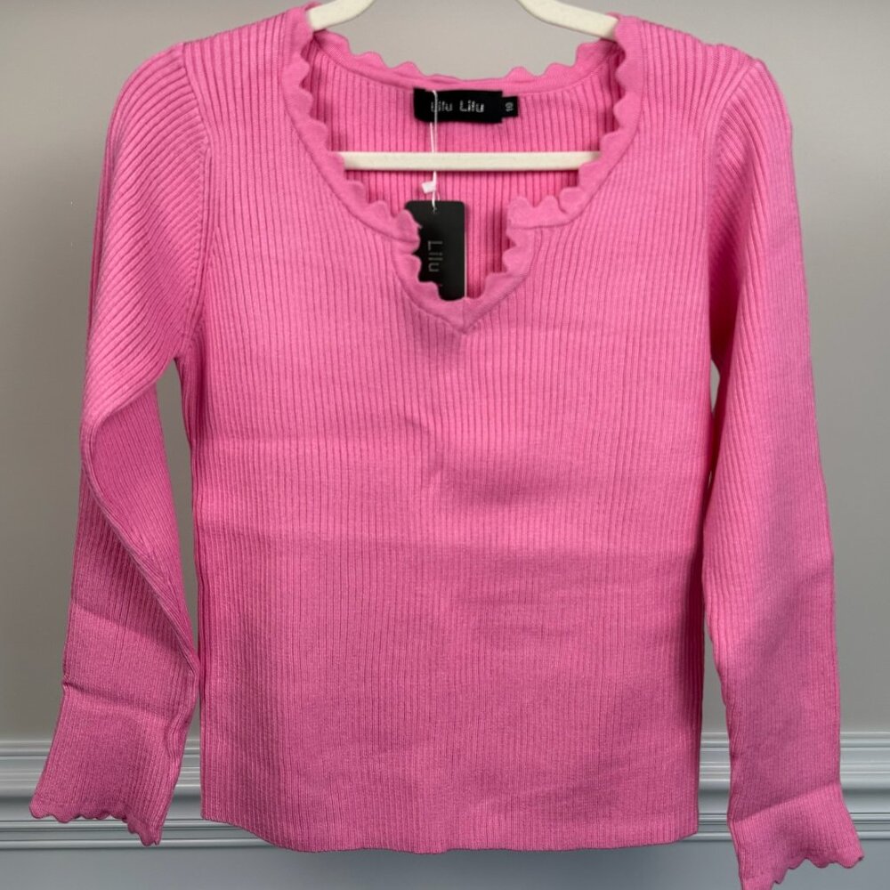 LiLu LiLu, Tops, Size 10, Pink Scalloped Neck Long Sleeve Top